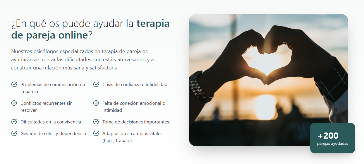 Ayuda de PSICOVILA en terapia de pareja online para superar infidelidades, problemas de comunicación, falta de intimidad y crisis de convivencia.