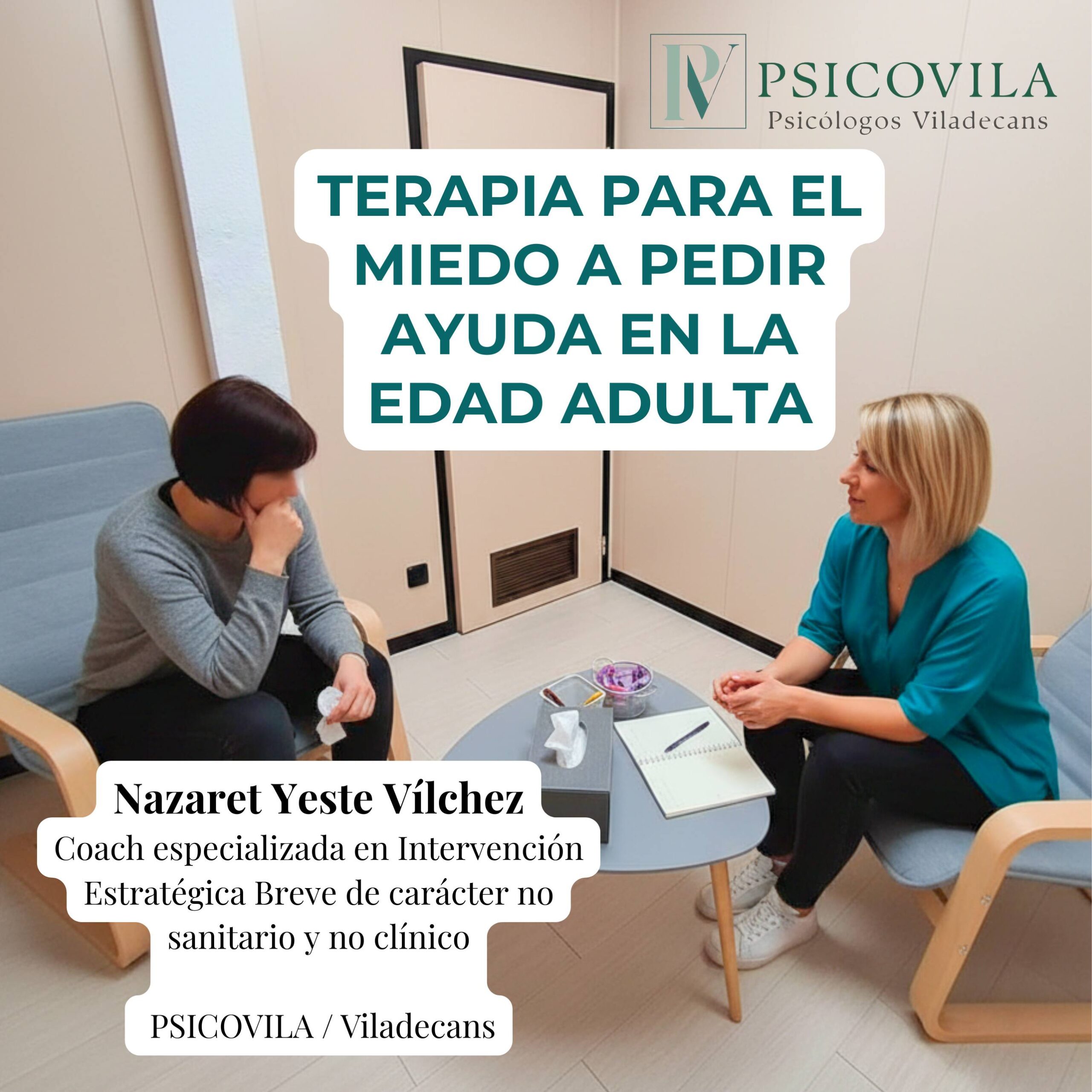 Psicóloga en consulta acompañando a personas adultas que sienten dificultad para pedir ayuda en Viladecans