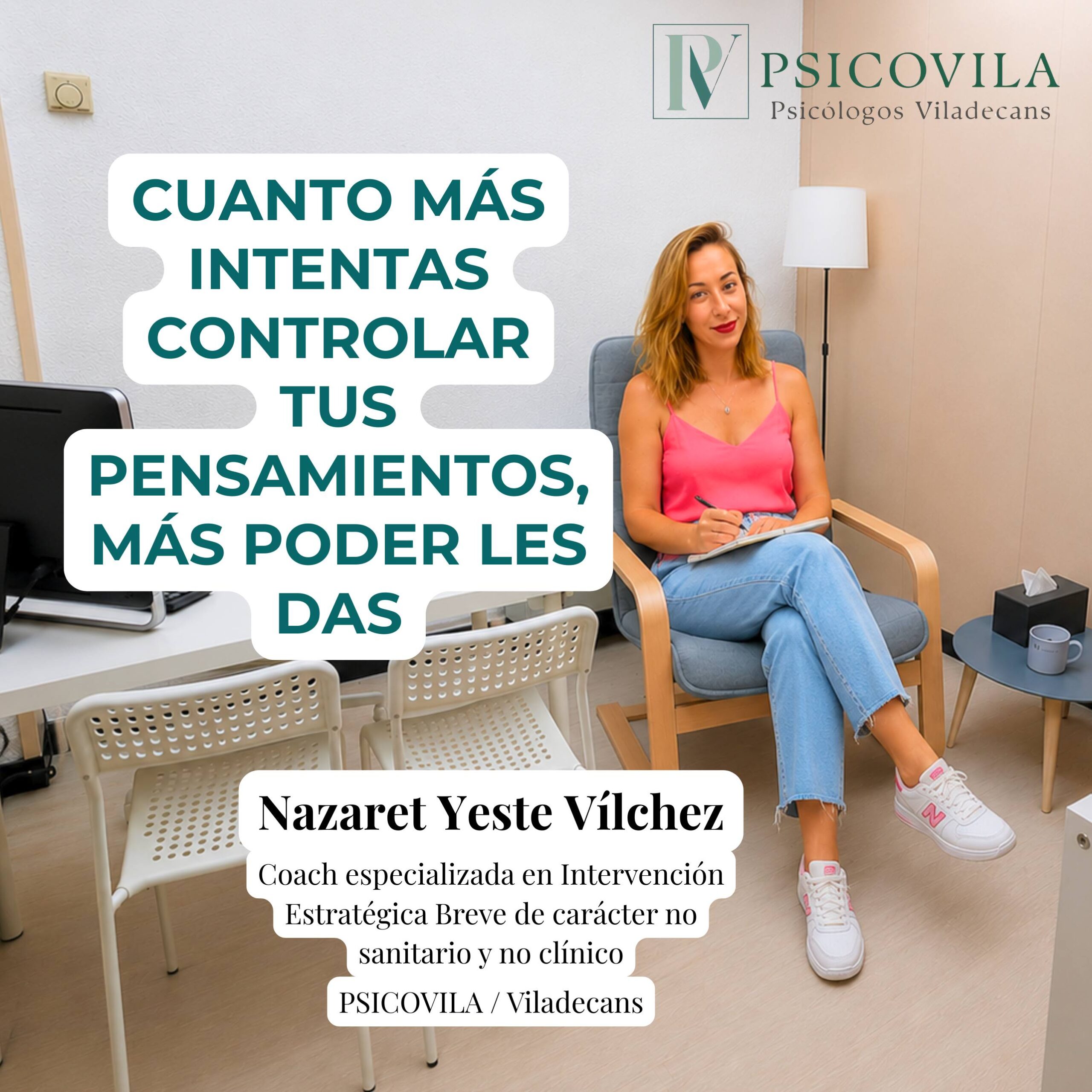 Psicóloga de PsicoVila en Viladecans reflexionando sobre cómo el intento constante de control de pensamientos en Viladecans puede aumentar la ansiedad y el malestar emocional.